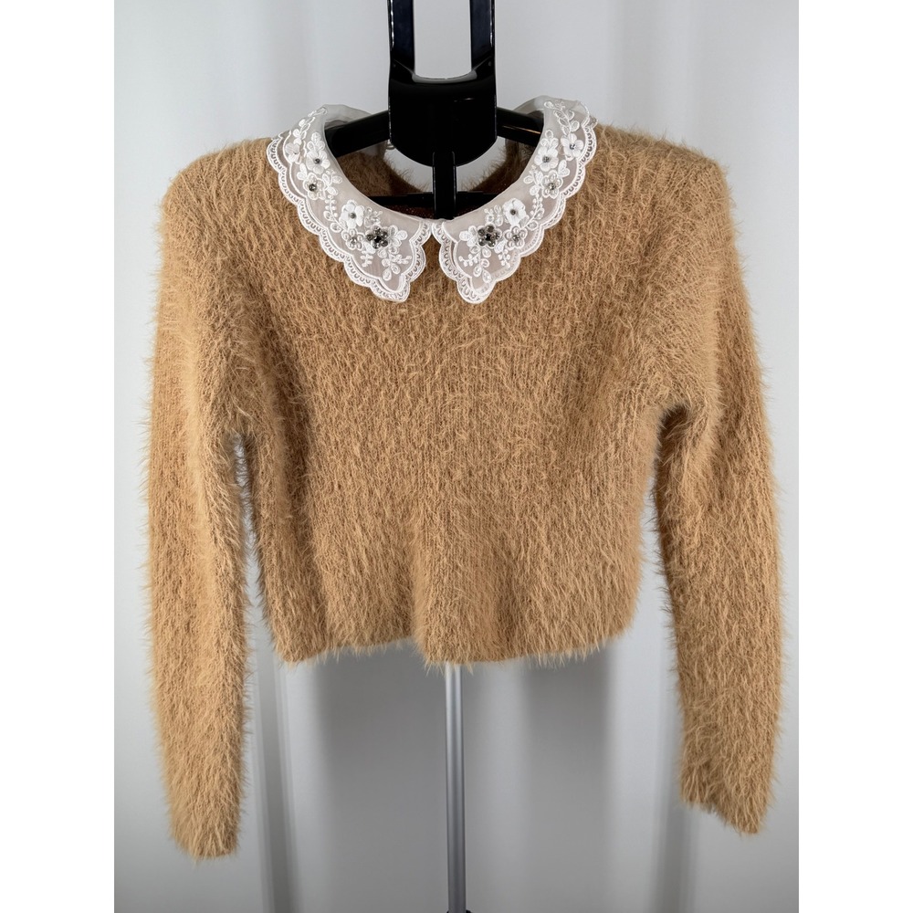 Rich & Famous Camel Tan Eyelash Knit Cropped Sweater Lace Peter Pan‎ Collar L
